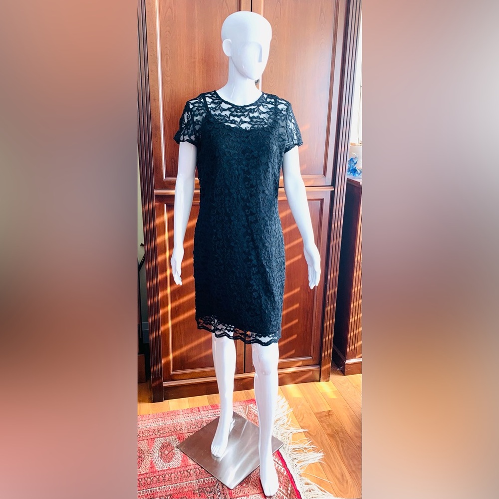 BHS Black Lace mini Dress just over the Knee satin spagetti lining dress US 12